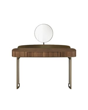 Modernaus dizaino kosmetinis staliukas su apvaliu veidrodėliu