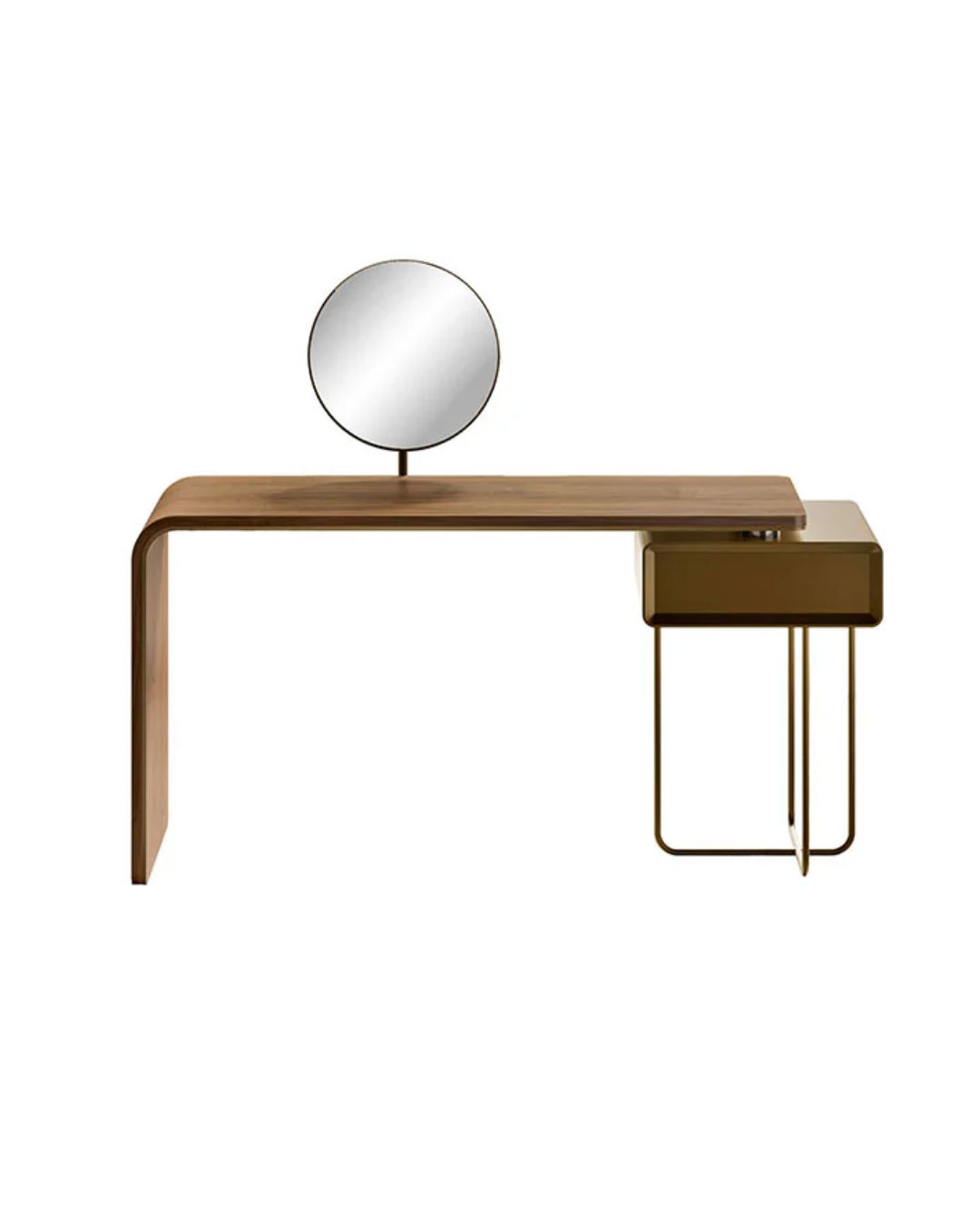 Kosmetinis staliukas iš medžio su apvaliu veidrodžiu, nuotrauka baltame fone